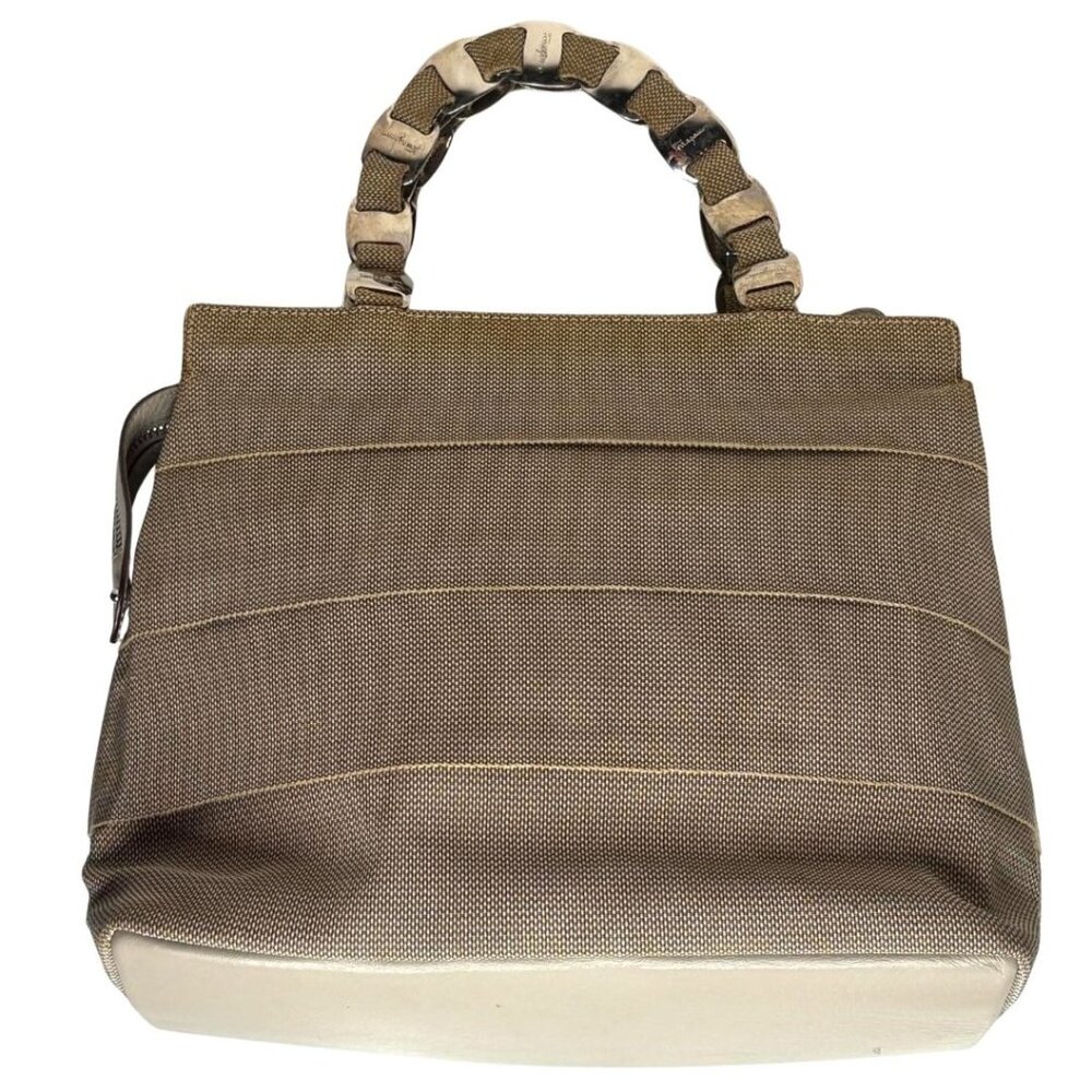 Vintage 90s Salvatore Ferragamo Taupe Tiered Canvas Silver Logo Link Strap Bag